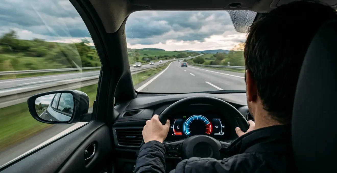 Vue arrière d'une voiture électrique sur autoroute montrant le tableau de bord avec l'indicateur d'autonomie