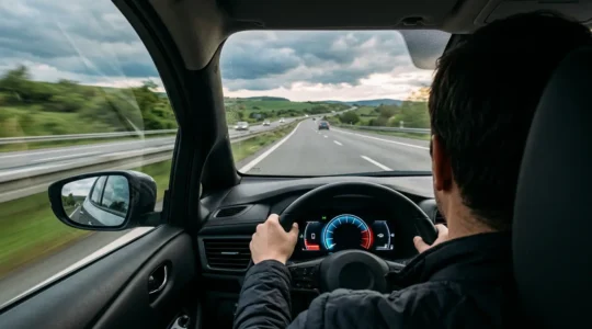Vue arrière d'une voiture électrique sur autoroute montrant le tableau de bord avec l'indicateur d'autonomie