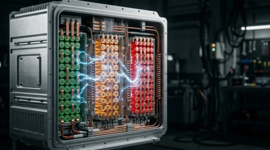 Vue détaillée d'une batterie de voiture électrique moderne avec des indicateurs visuels de charge