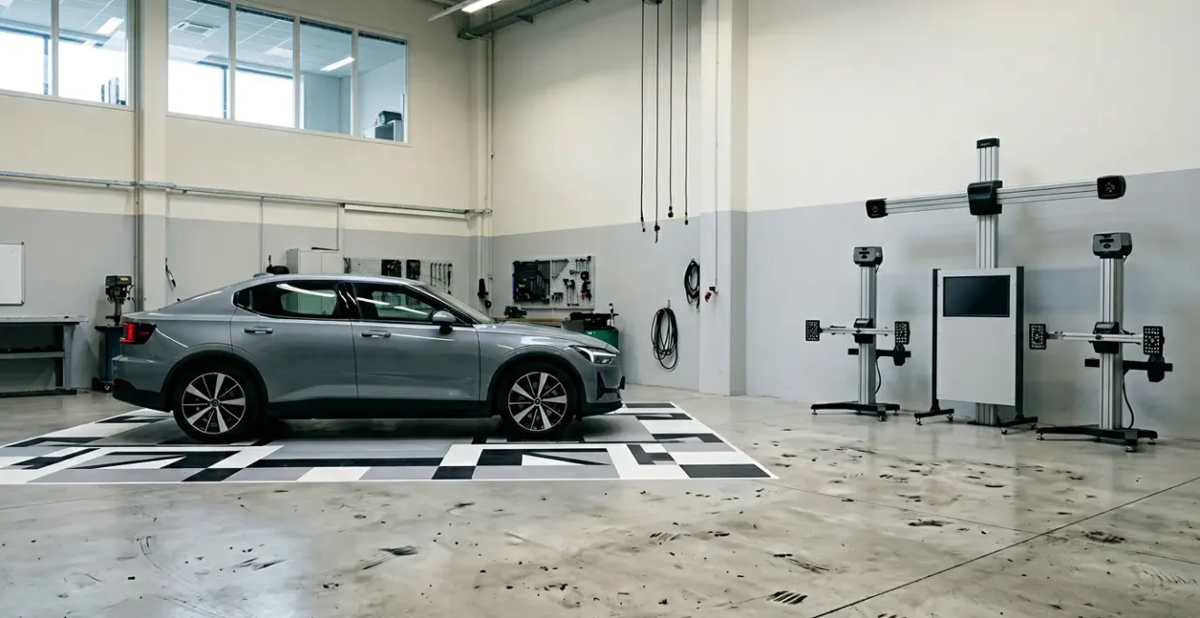 Technicien automobile effectuant un calibrage de caméra ADAS avec équipement de haute précision dans un atelier spécialisé