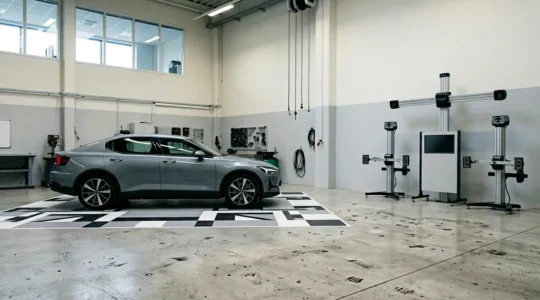 Technicien automobile effectuant un calibrage de caméra ADAS avec équipement de haute précision dans un atelier spécialisé