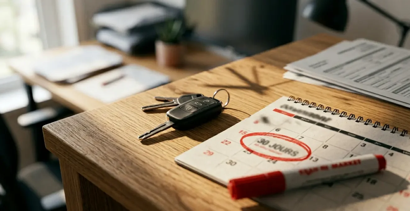 Documents administratifs automobiles et clés de voiture sur bureau avec horloge indiquant l'urgence