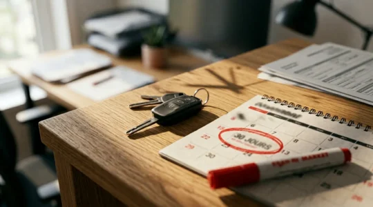 Documents administratifs automobiles et clés de voiture sur bureau avec horloge indiquant l'urgence