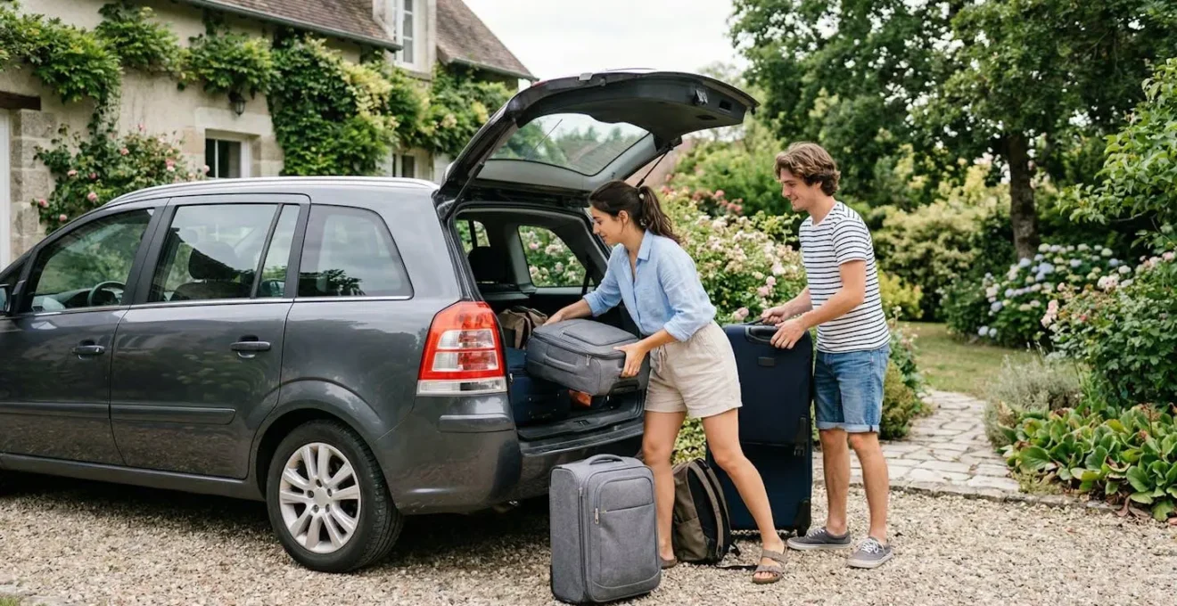 Couple chargeant des valises dans un monospace loué pour les vacances