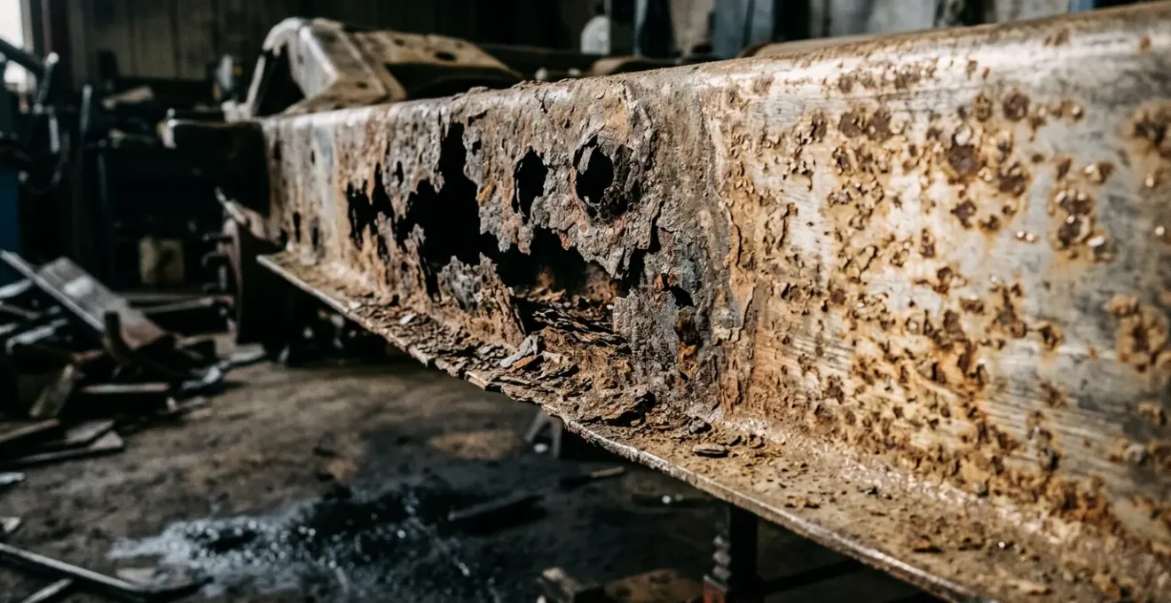 Gros plan sur un châssis automobile montrant des zones de corrosion perforante et de surface avec les outils de contrôle technique