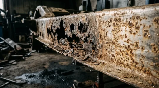 Gros plan sur un châssis automobile montrant des zones de corrosion perforante et de surface avec les outils de contrôle technique