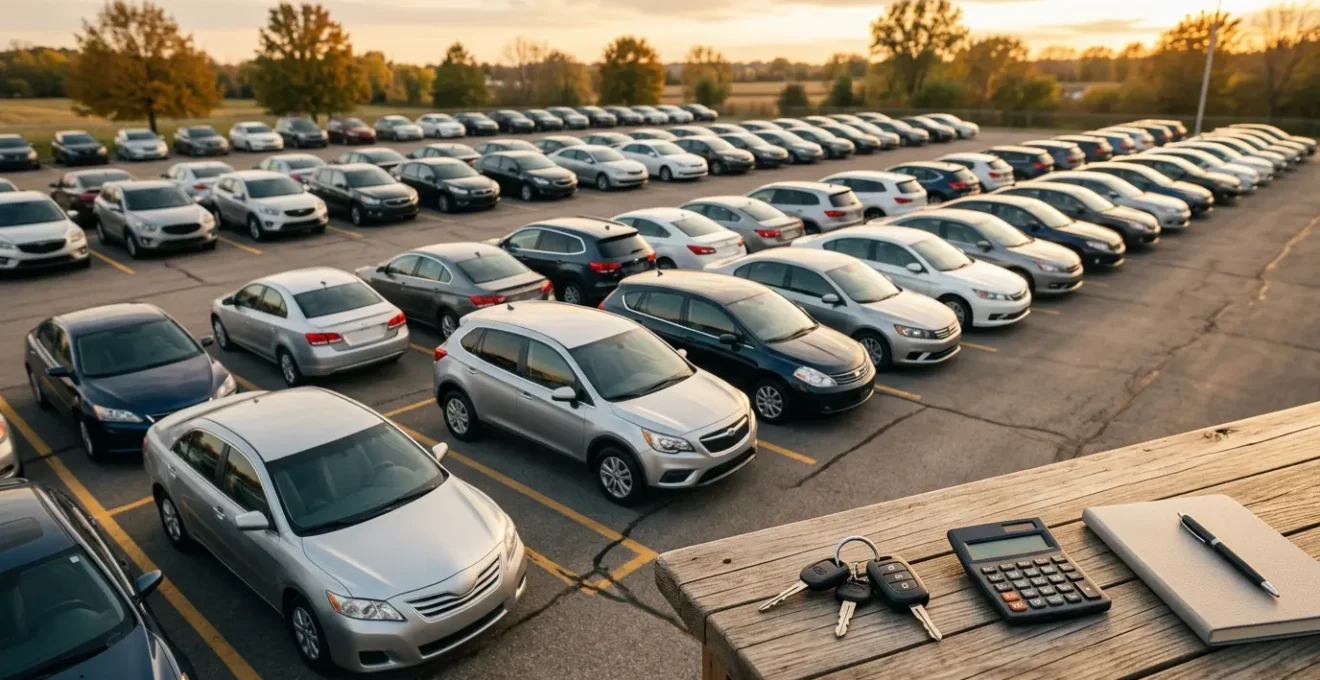 Vue aérienne d'un parking avec voitures d'occasion et documents financiers
