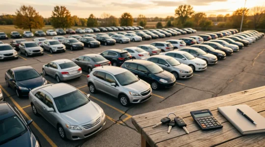 Vue aérienne d'un parking avec voitures d'occasion et documents financiers