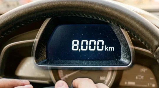 Gros plan sur un compteur kilométrique moderne affichant 8000 km avec des mains sur le volant et un paysage urbain flou en arrière-plan