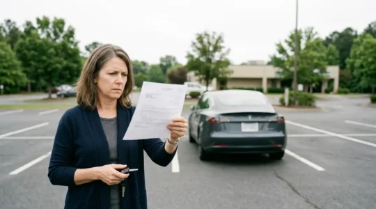 Conducteur tenant un document administratif avec voiture floue en arrière-plan