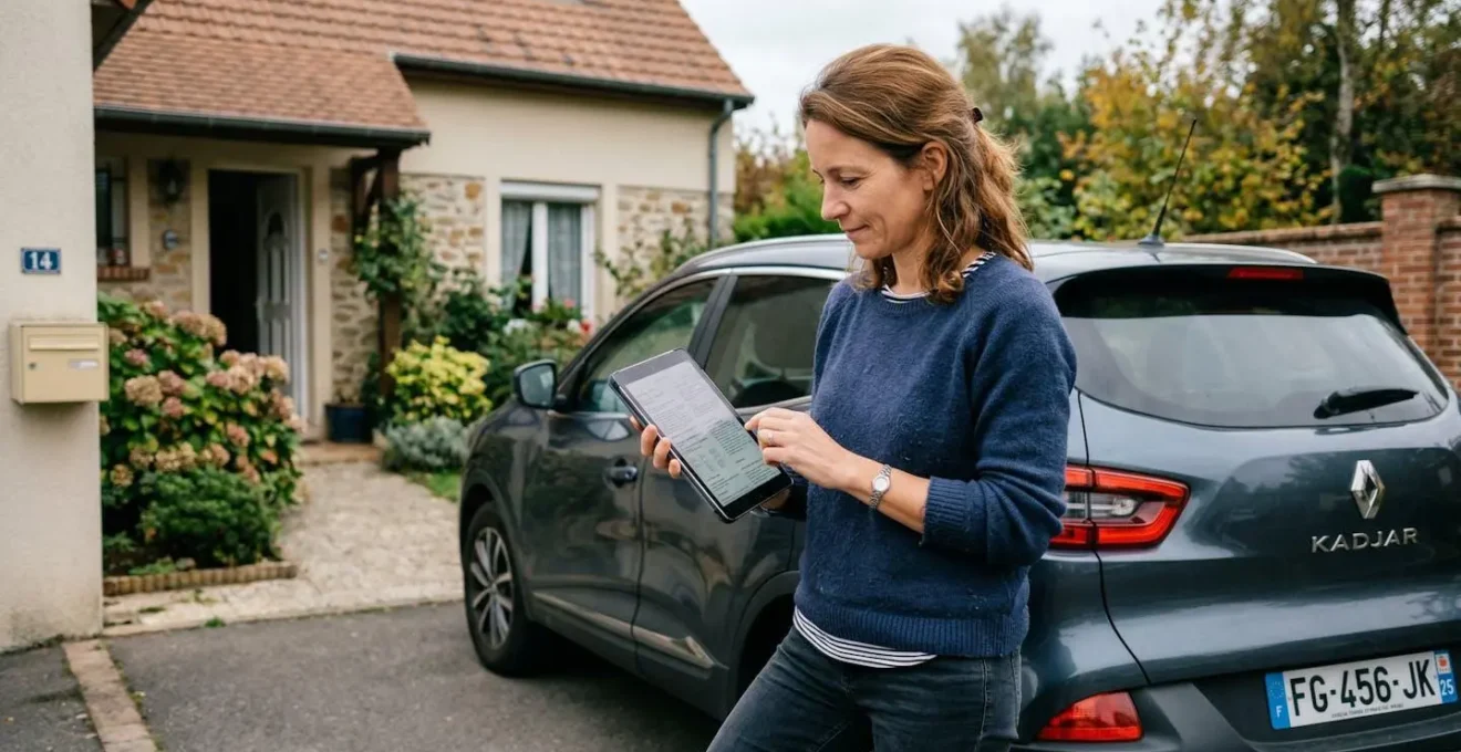 Conductrice française consultant les options d'assurance auto sans franchise sur tablette