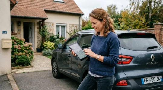 Conductrice française consultant les options d'assurance auto sans franchise sur tablette