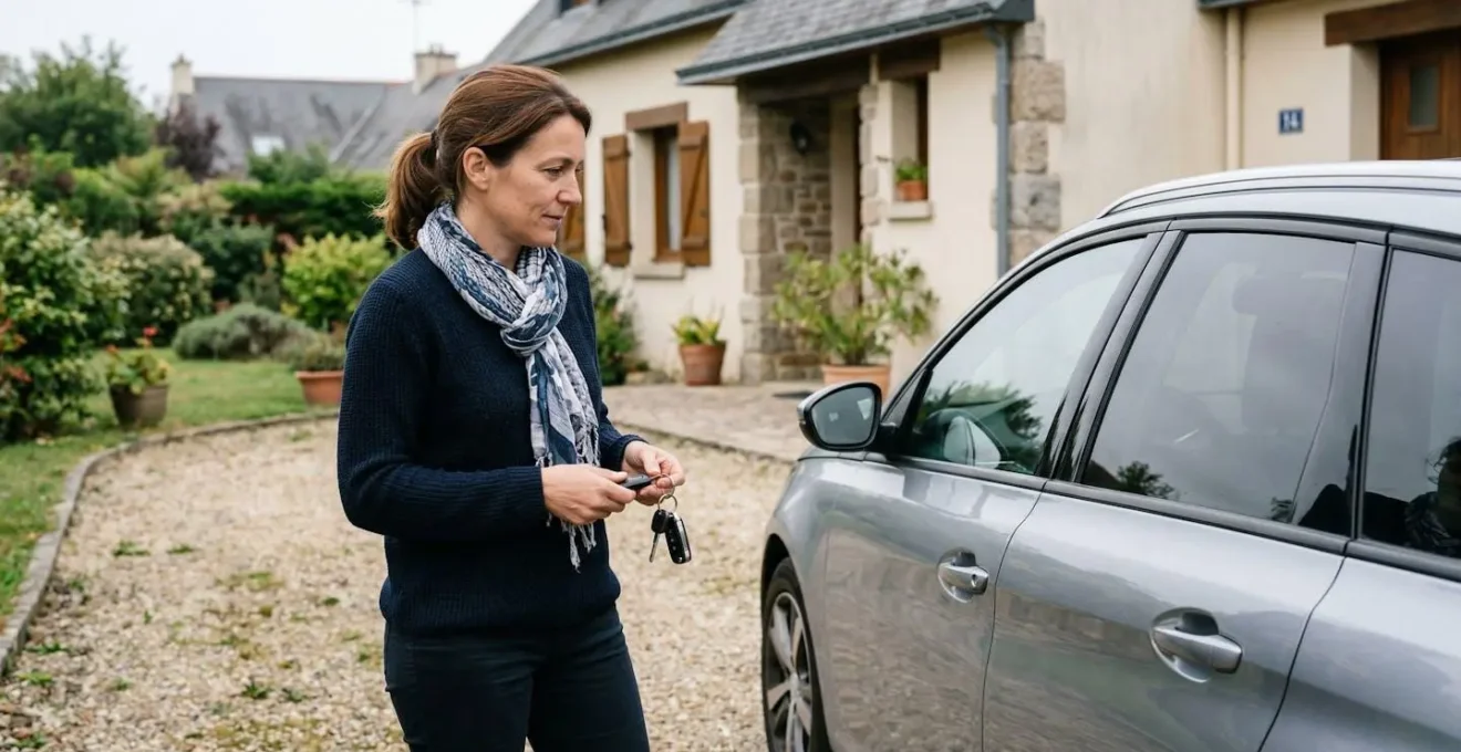Conductrice réfléchissant près de sa voiture familiale avant de choisir sa couverture automobile