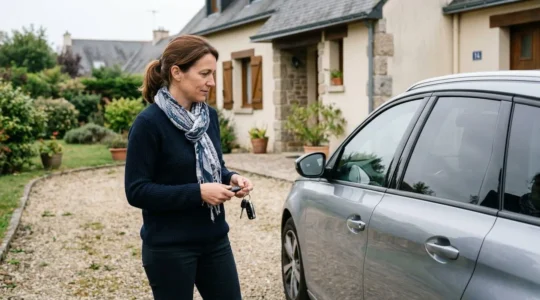 Conductrice réfléchissant près de sa voiture familiale avant de choisir sa couverture automobile