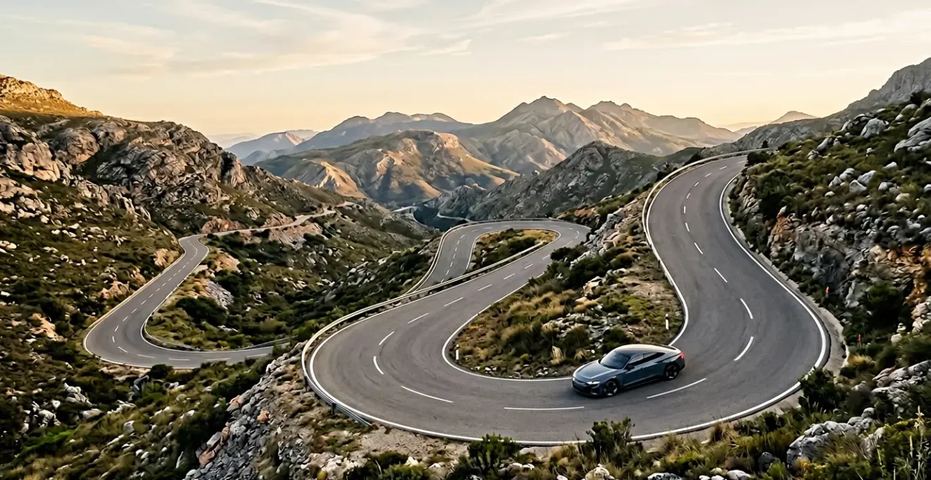 Vue aérienne d'une route de montagne sinueuse avec une voiture électrique en descente, mettant en évidence le système de freinage régénératif