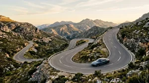 Vue aérienne d'une route de montagne sinueuse avec une voiture électrique en descente, mettant en évidence le système de freinage régénératif