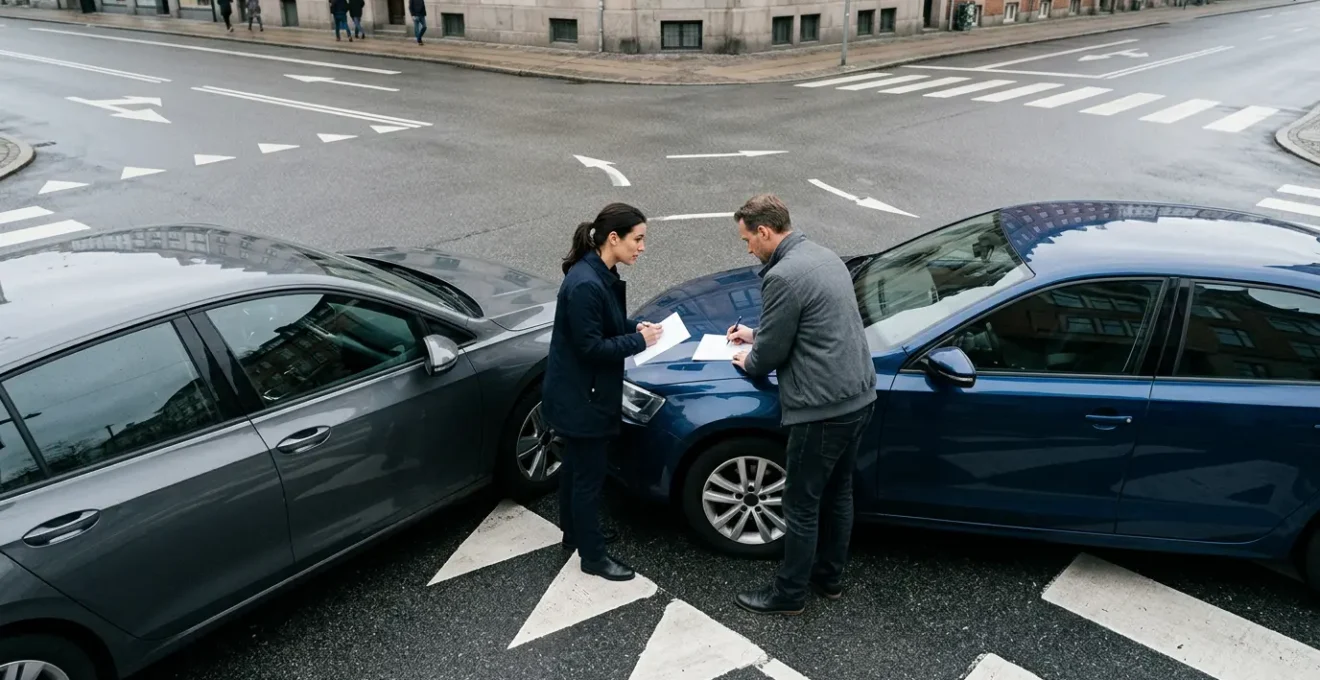 Vue en plongée sur une scène d'accident automobile avec deux conducteurs échangeant des documents sur le capot d'une voiture
