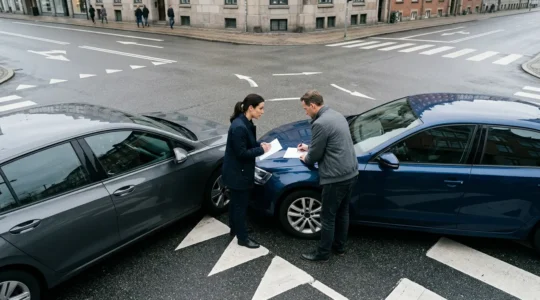 Vue en plongée sur une scène d'accident automobile avec deux conducteurs échangeant des documents sur le capot d'une voiture