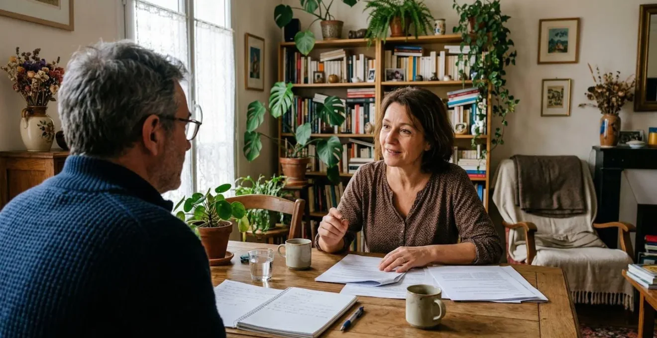 Couple d'âge moyen discutant de documents dans leur salon
