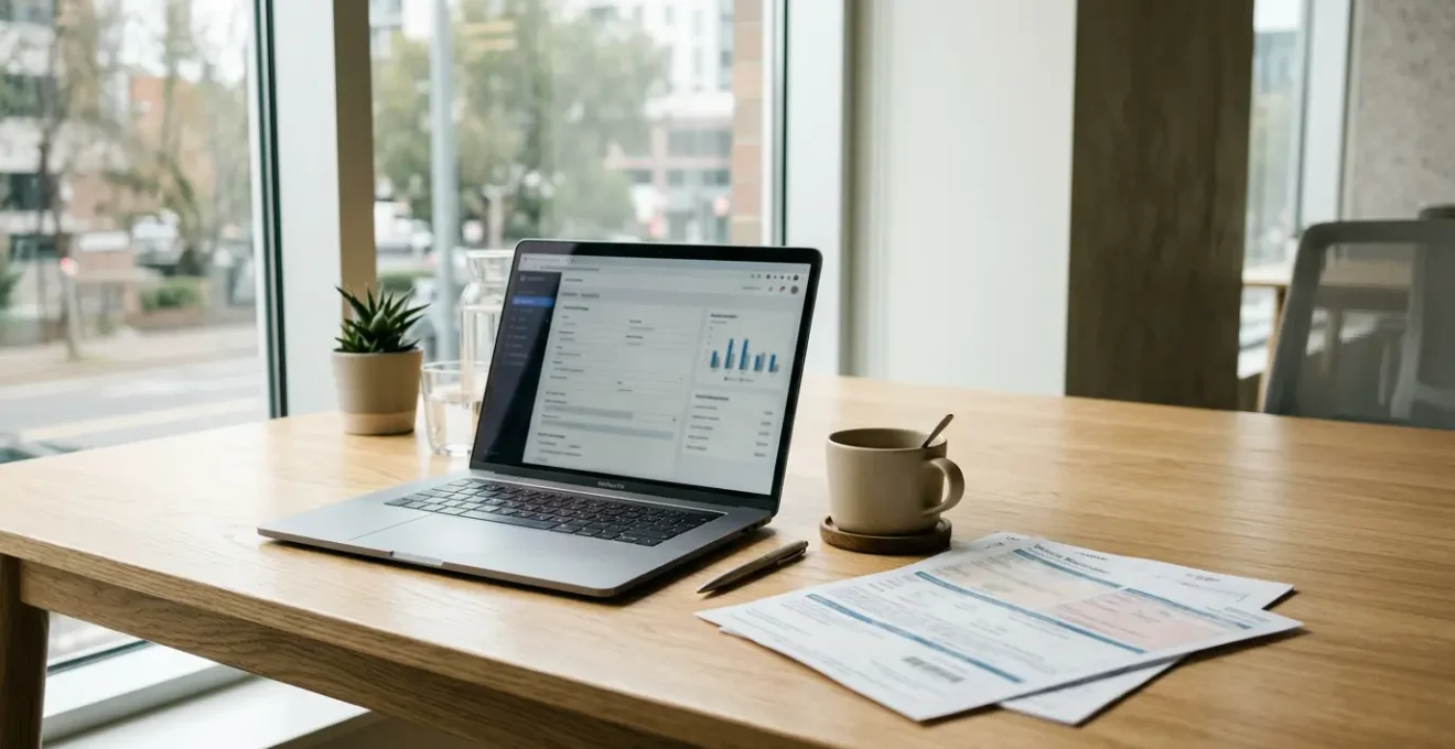 Vue d'un bureau avec un ordinateur montrant l'interface de l'ANTS et des documents de cession sur le côté
