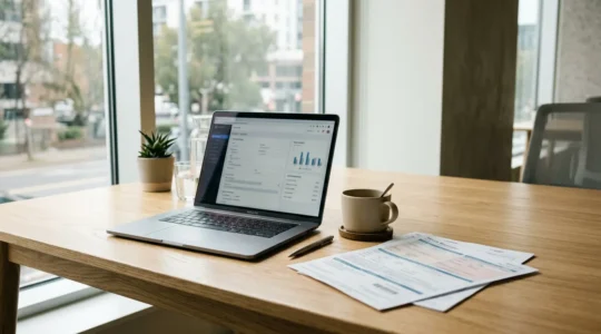 Vue d'un bureau avec un ordinateur montrant l'interface de l'ANTS et des documents de cession sur le côté