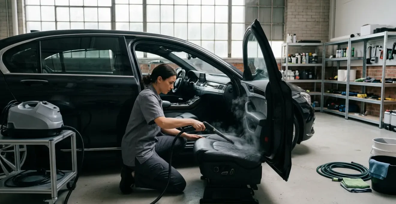 Intérieur de voiture luxueux en cours de detailing professionnel avec équipement vapeur