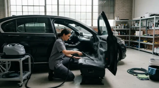Intérieur de voiture luxueux en cours de detailing professionnel avec équipement vapeur