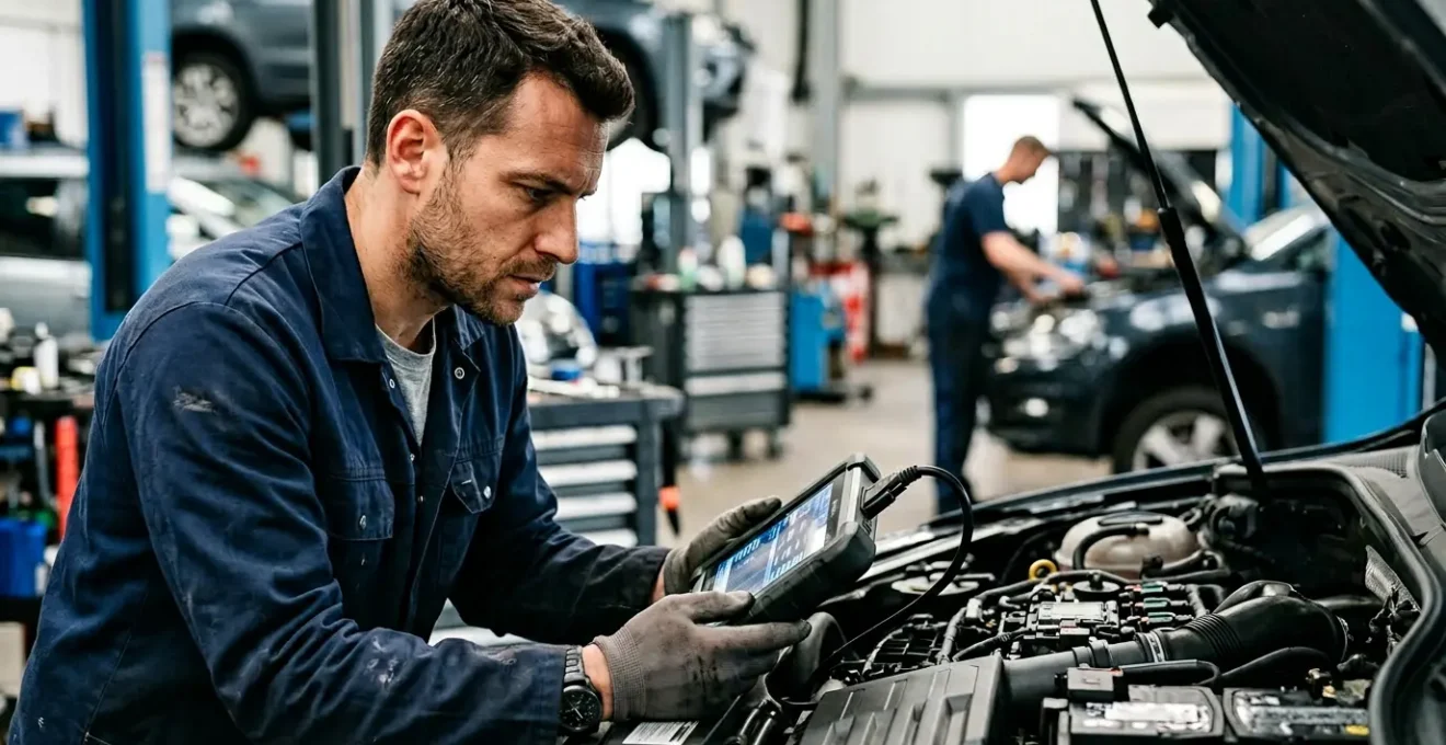 Mécanicien analysant les codes défaut OBD2 sur un scanner de diagnostic connecté à un moteur moderne