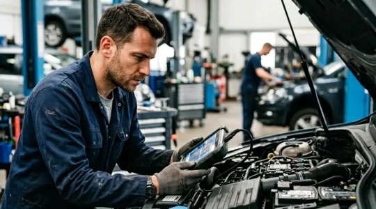 Mécanicien analysant les codes défaut OBD2 sur un scanner de diagnostic connecté à un moteur moderne