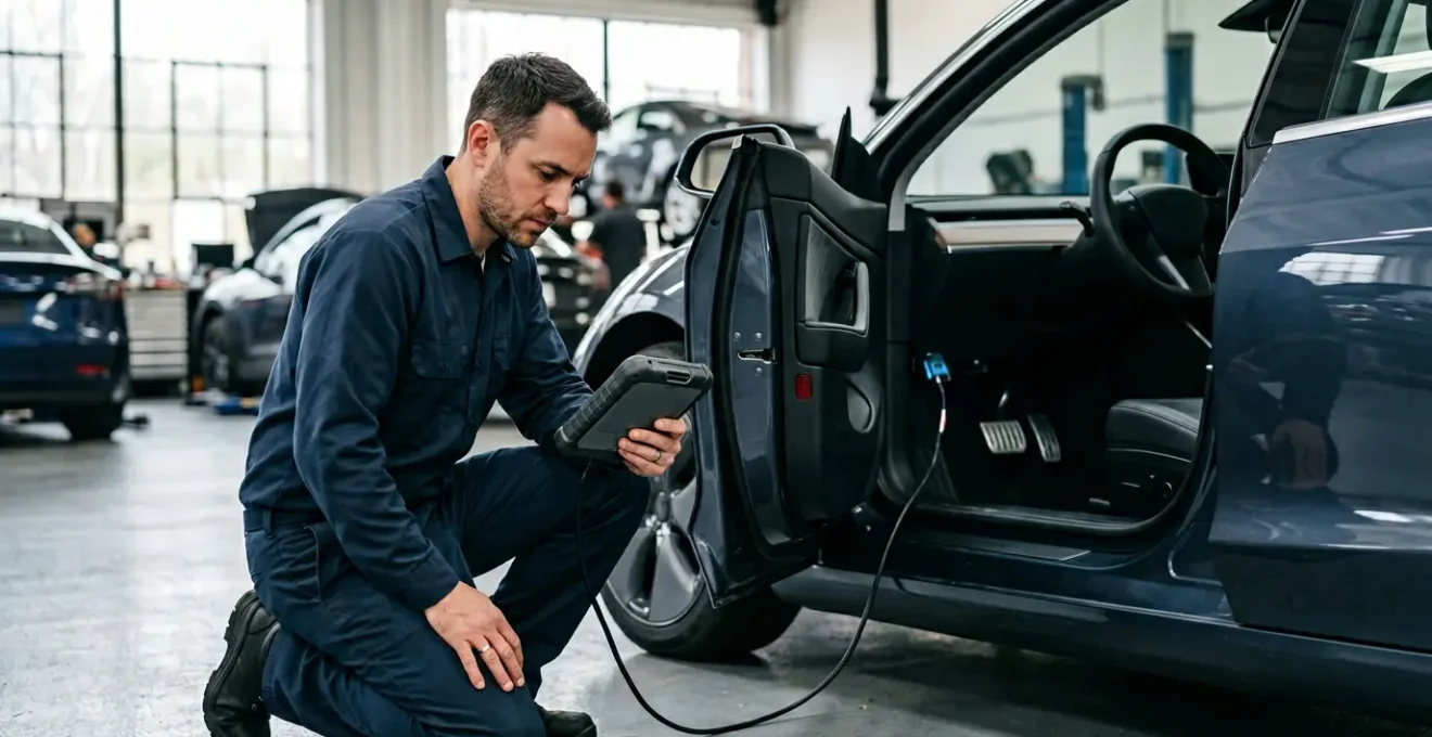 Vue en gros plan d'un expert automobile examinant un boîtier de diagnostic branché sur une voiture électrique