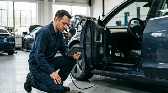 Vue en gros plan d'un expert automobile examinant un boîtier de diagnostic branché sur une voiture électrique