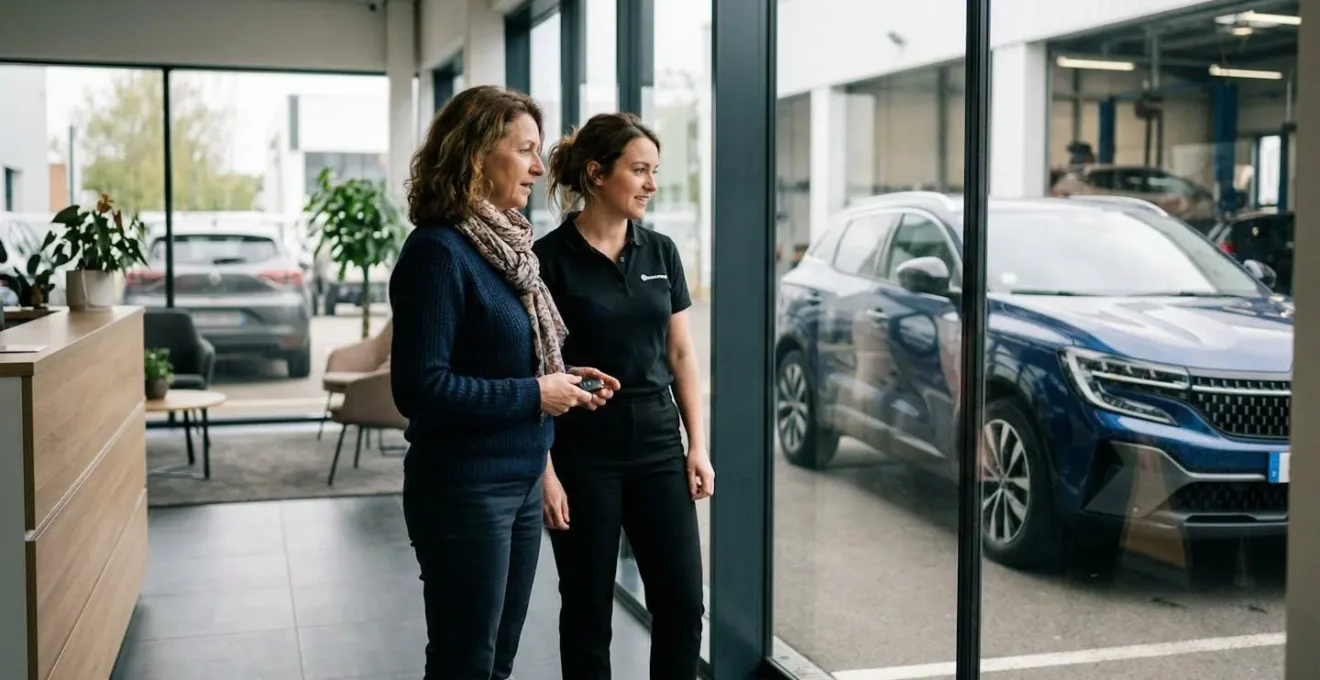 Propriétaire de véhicule échangeant avec le réceptionniste d'un garage agréé assurance