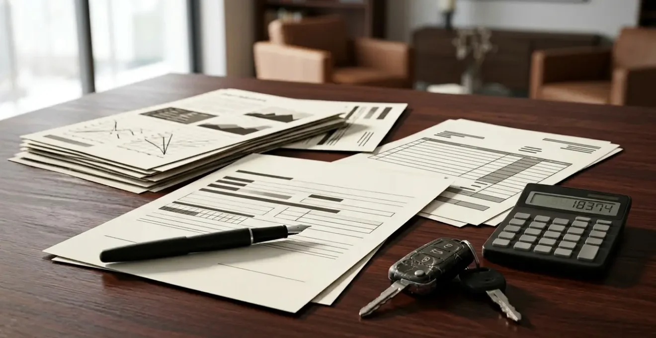 Documents d'assurance automobile et clés de voiture sur un bureau avec calculatrice