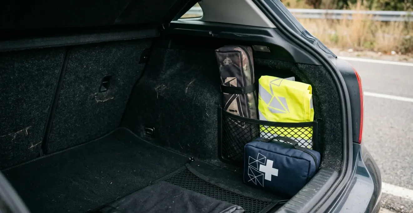 Équipements de sécurité automobile avec gilet jaune et triangle de signalisation dans un coffre de voiture