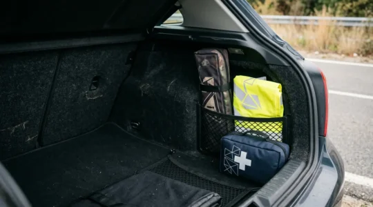 Équipements de sécurité automobile avec gilet jaune et triangle de signalisation dans un coffre de voiture