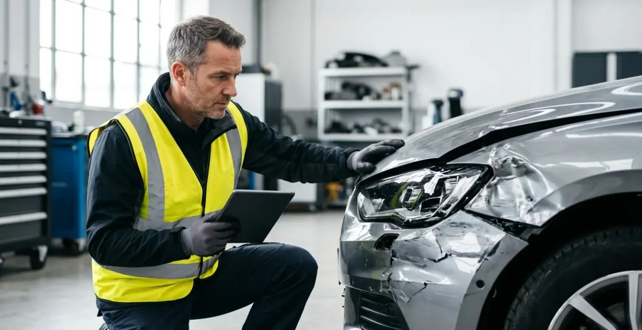 Expert automobile examinant un véhicule accidenté avec documents et tablette numérique