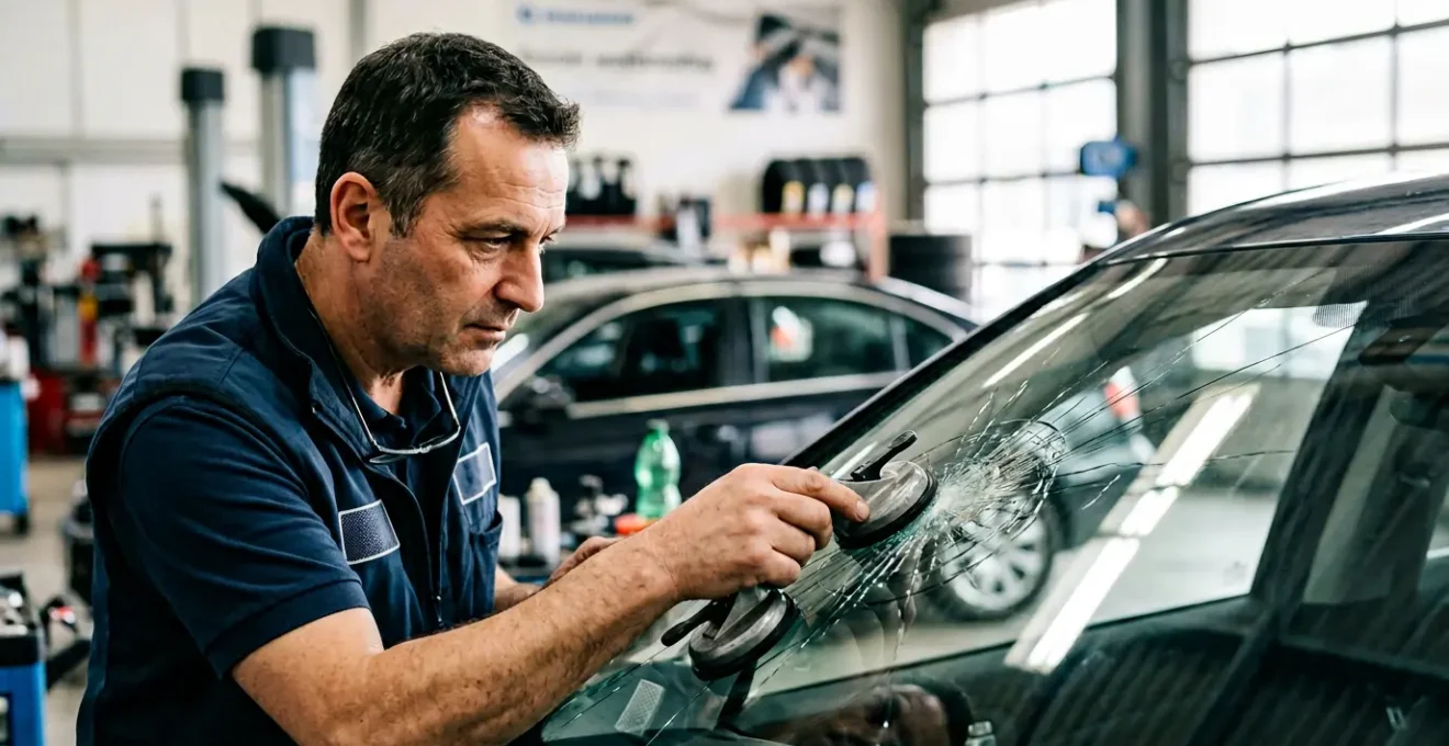 Technicien automobile examinant minutieusement un impact sur un pare-brise dans un atelier spécialisé