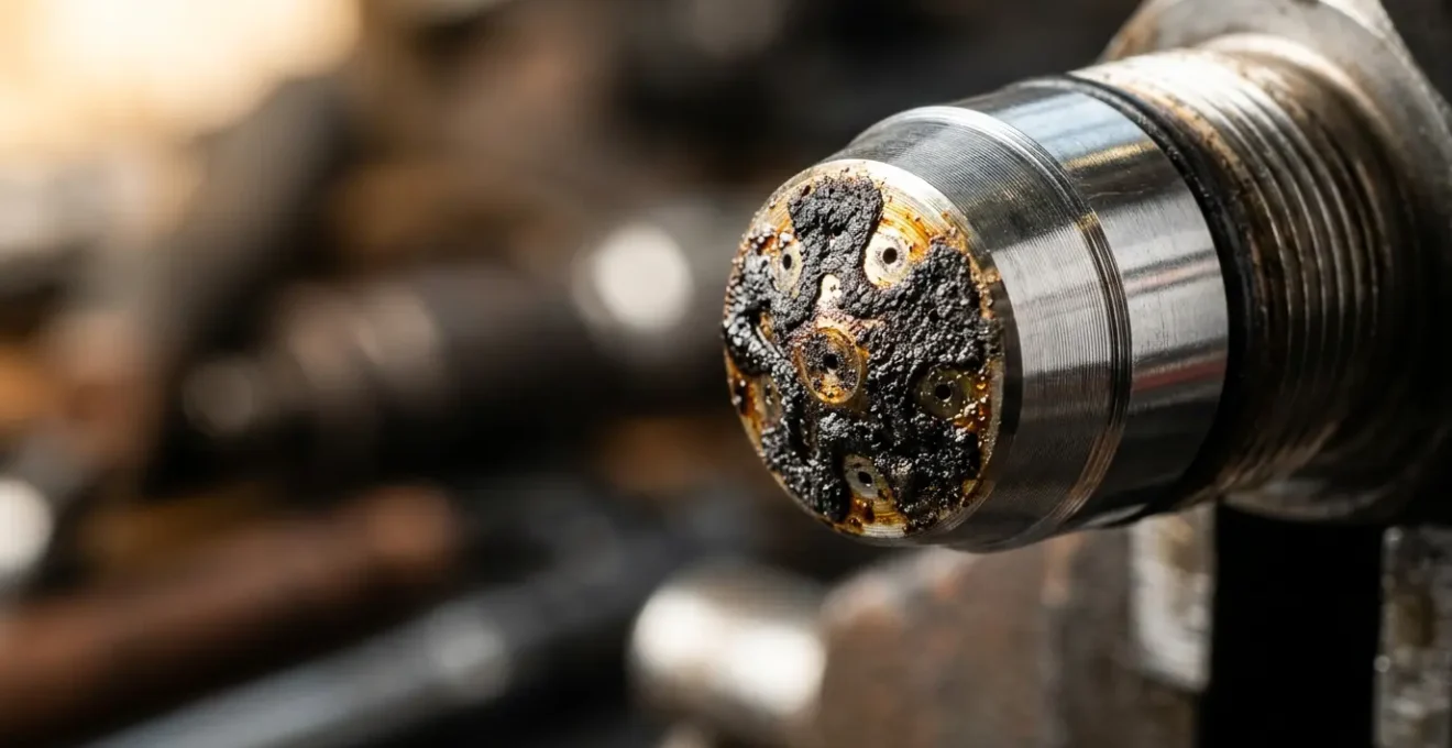 Vue macro d'un injecteur diesel avec dépôts de calamine visibles sur les orifices de pulvérisation
