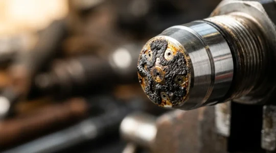 Vue macro d'un injecteur diesel avec dépôts de calamine visibles sur les orifices de pulvérisation
