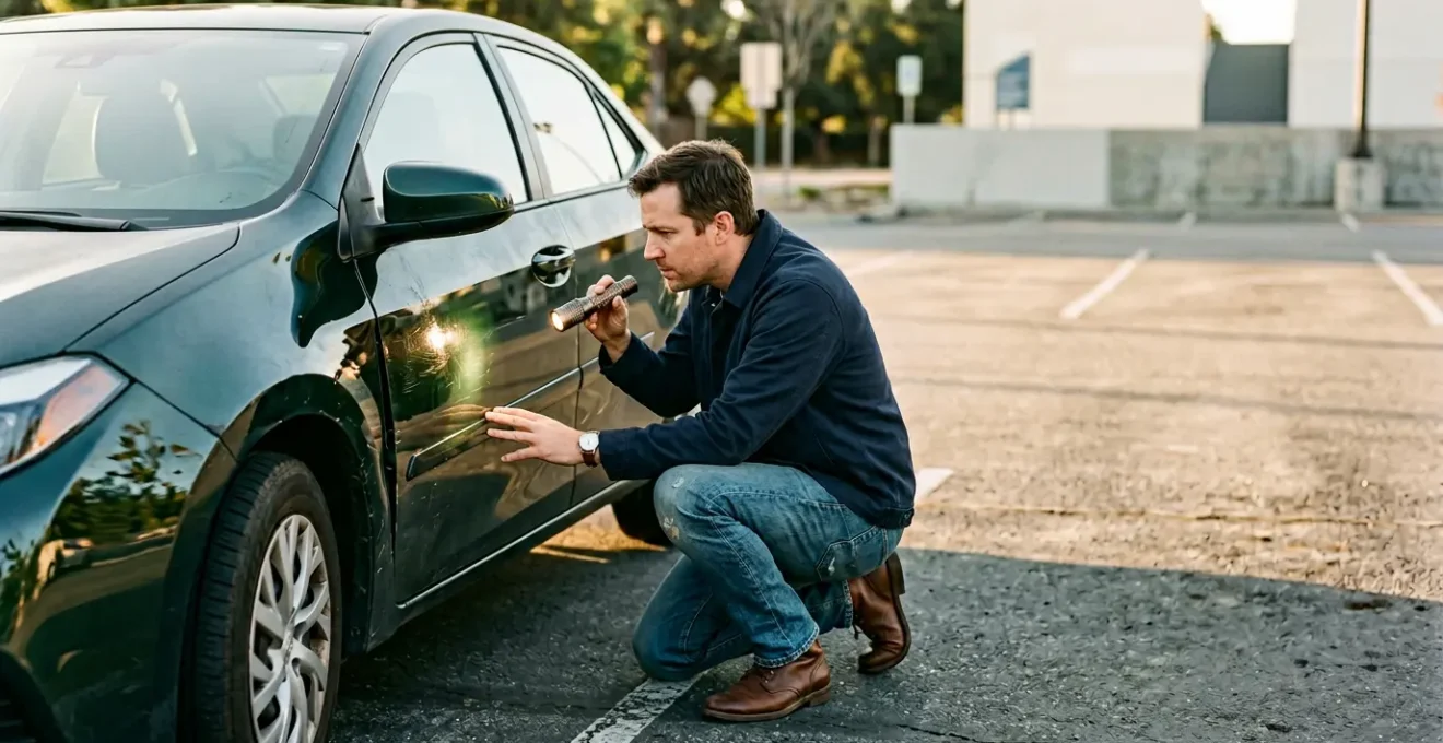 Inspection minutieuse de la carrosserie d'une voiture pour détecter des traces de réparation
