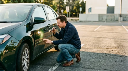 Inspection minutieuse de la carrosserie d'une voiture pour détecter des traces de réparation