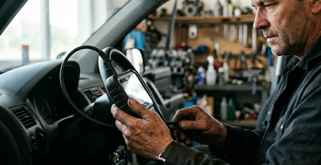 Mécanicien utilisant une valise de diagnostic OBD2 sur un moteur de voiture dans un garage
