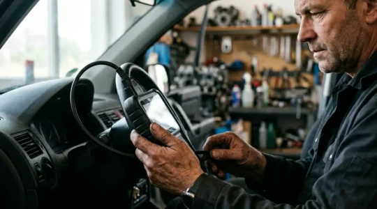 Mécanicien utilisant une valise de diagnostic OBD2 sur un moteur de voiture dans un garage