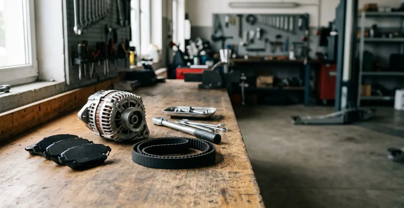 Pièces détachées automobiles disposées sur établi professionnel avec outils de mécanique