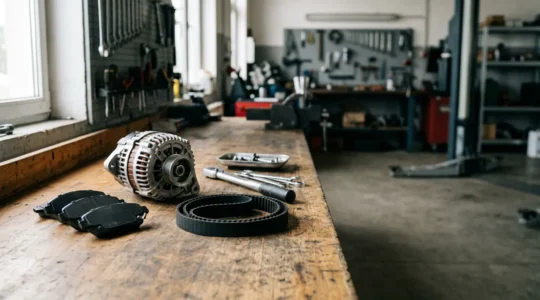 Pièces détachées automobiles disposées sur établi professionnel avec outils de mécanique