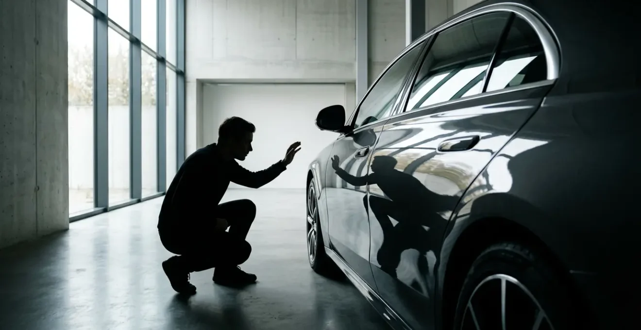 Homme inspectant avec attention les détails de finition d'une carrosserie automobile brillante
