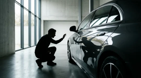 Homme inspectant avec attention les détails de finition d'une carrosserie automobile brillante