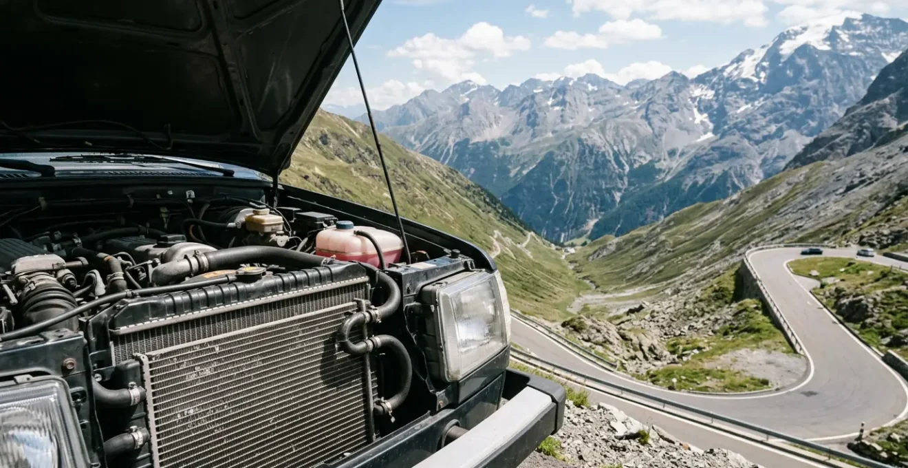 Vue d'un radiateur de voiture avec système de refroidissement en montagne estivale