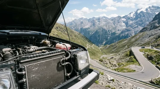 Vue d'un radiateur de voiture avec système de refroidissement en montagne estivale