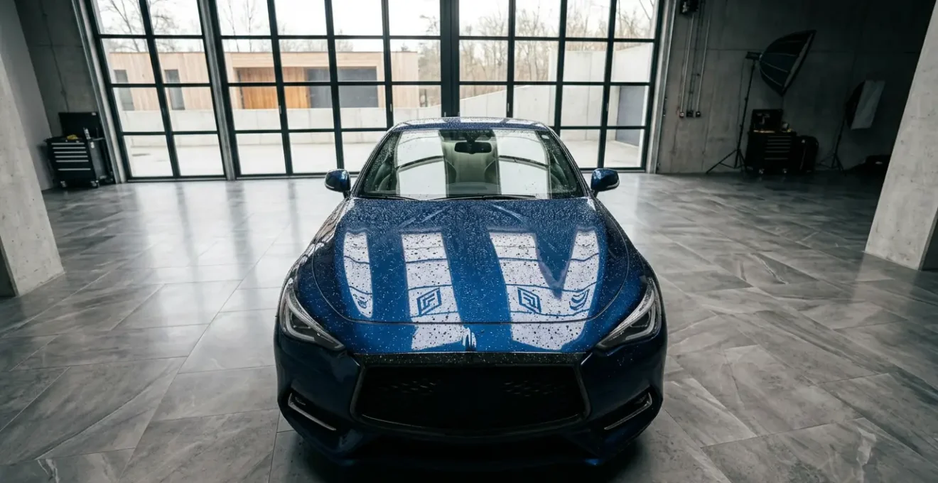 Film de protection PPF transparent appliqué sur le capot d'une voiture premium avec effet hydrophobe visible et brillance renforcée